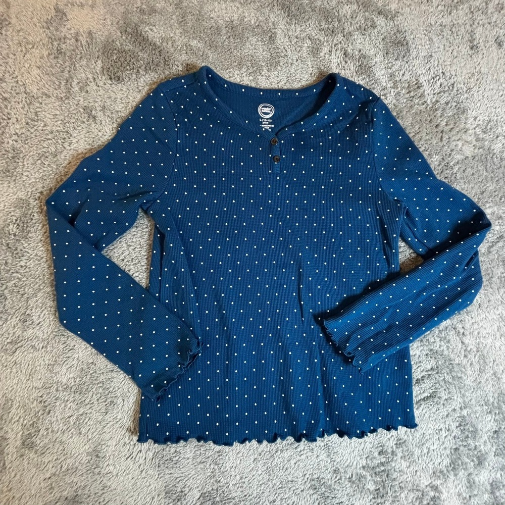 Wonder Nation Girls Blue Polka Dot Ribbed Henley Long Sleeve Top L 10-12 Plus